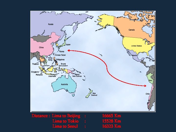 Distance : Lima to Beijing Lima to Tokio Lima to Seoul : : :