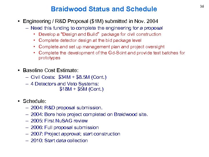 Braidwood Status and Schedule • Engineering / R&D Proposal ($1 M) submitted in Nov.