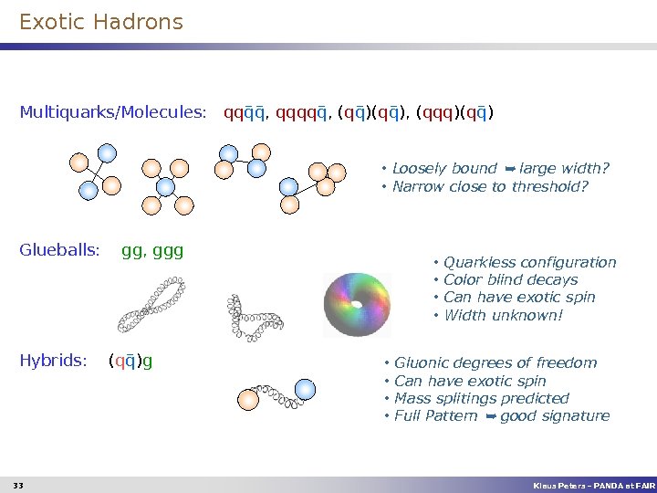 Exotic Hadrons Multiquarks/Molecules: qq , qqqq , (q ), (qqq)(q ) • Loosely bound