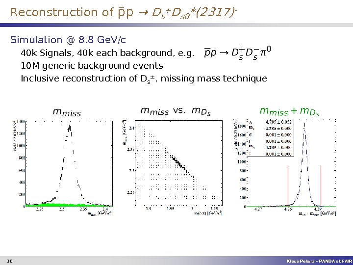 Reconstruction of p → Ds+Ds 0*(2317)Simulation @ 8. 8 Ge. V/c 40 k Signals,