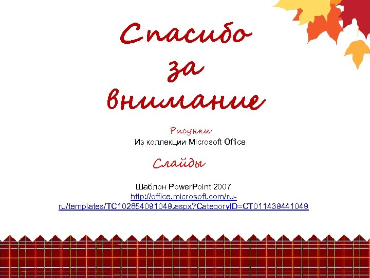 Спасибо за внимание Рисунки Из коллекции Microsoft Office Слайды Шаблон Power. Point 2007 http: