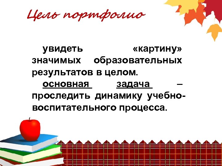 Цель портфолио увидеть «картину» значимых образовательных результатов в целом. основная задача – проследить динамику