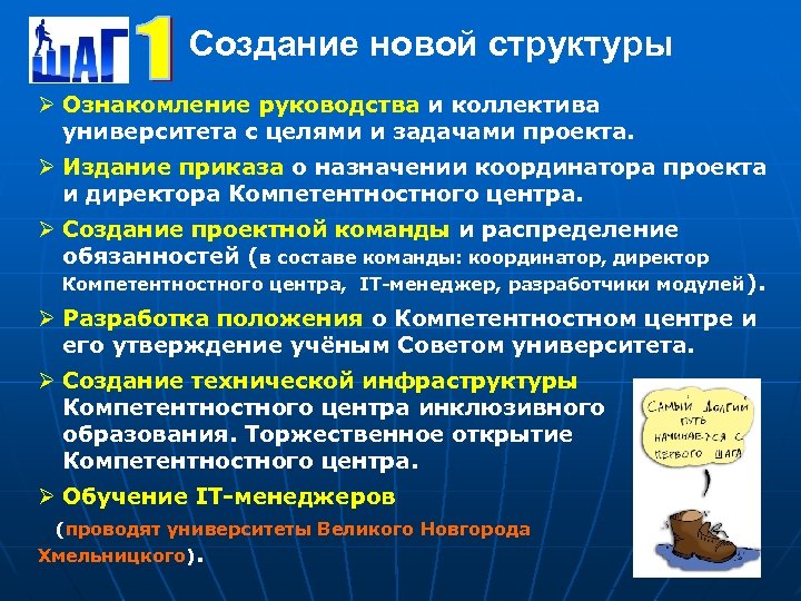 Создание новой структуры Ø Ознакомление руководства и коллектива университета с целями и задачами проекта.