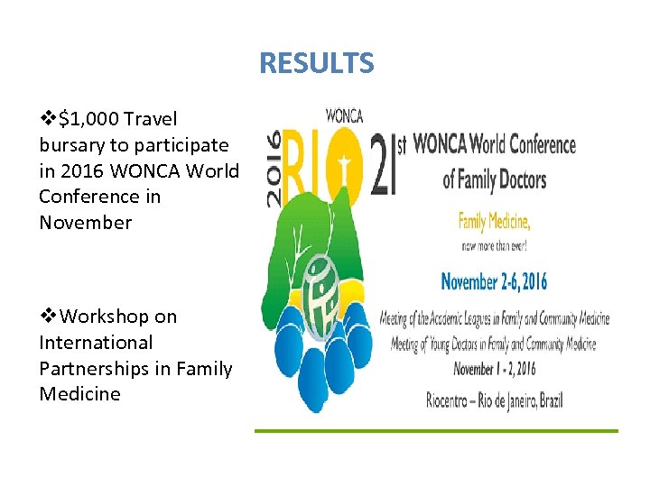 RESULTS v$1, 000 Travel bursary to participate in 2016 WONCA World Conference in November