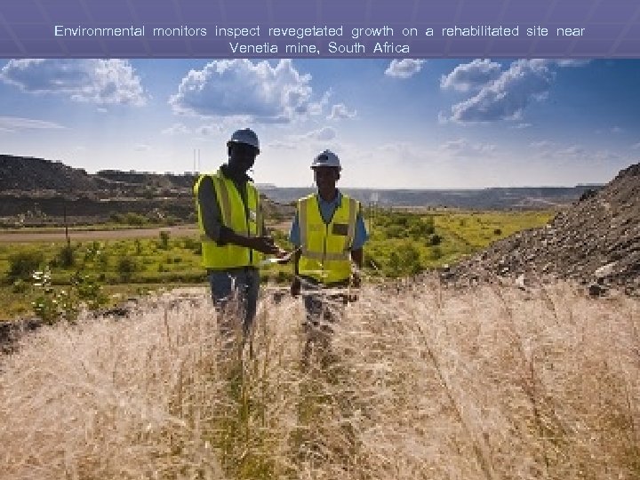 Environmental monitors inspect revegetated growth on a rehabilitated site near Venetia mine, South Africa