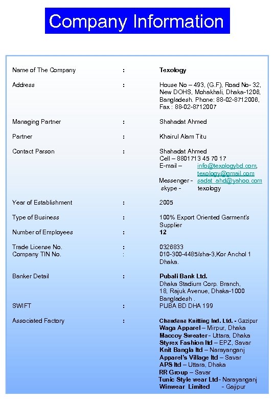 Company Information Name of The Company : Texology Address : House No – 493,
