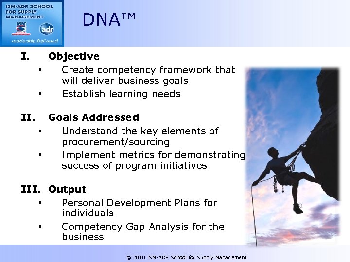 DNA™ I. Objective • Create competency framework that will deliver business goals • Establish