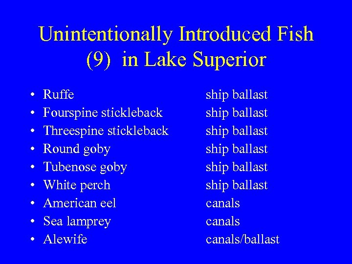 Unintentionally Introduced Fish (9) in Lake Superior • • • Ruffe Fourspine stickleback Threespine