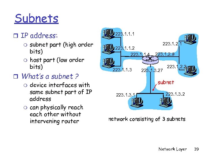 Subnets r IP address: m subnet part (high order bits) m host part (low