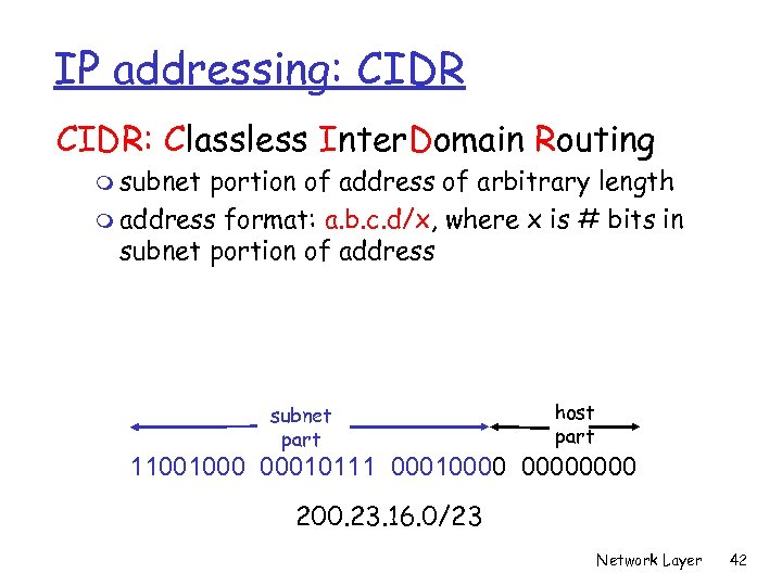 IP addressing: CIDR: Classless Inter. Domain Routing m subnet portion of address of arbitrary