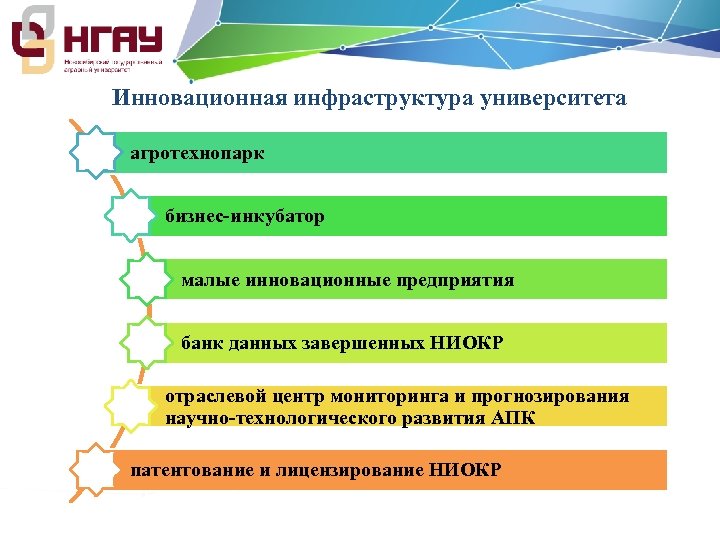 Инновационная инфраструктура университета агротехнопарк бизнес-инкубатор малые инновационные предприятия банк данных завершенных НИОКР отраслевой центр