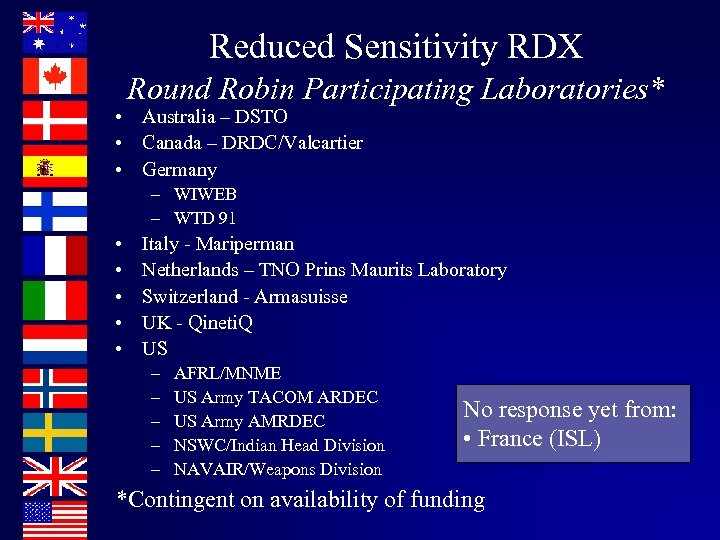 Reduced Sensitivity RDX Round Robin Participating Laboratories* • Australia – DSTO • Canada –