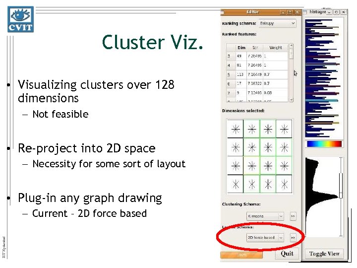 Cluster Viz. • Visualizing clusters over 128 dimensions – Not feasible • Re-project into