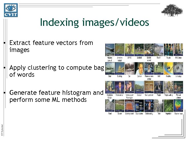 Indexing images/videos • Extract feature vectors from images • Apply clustering to compute bag