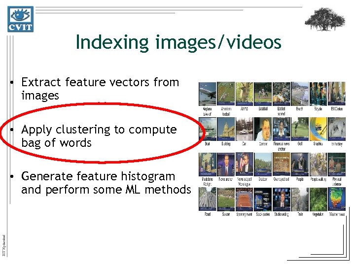 Indexing images/videos • Extract feature vectors from images • Apply clustering to compute bag