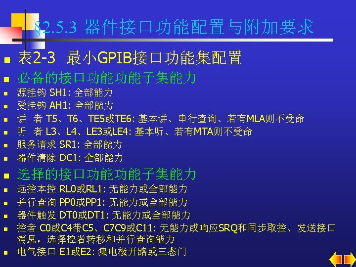 § 2. 5. 3 器件接口功能配置与附加要求 n 表 2 -3 最小GPIB接口功能集配置 n 必备的接口功能功能子集能力 n 源挂钩