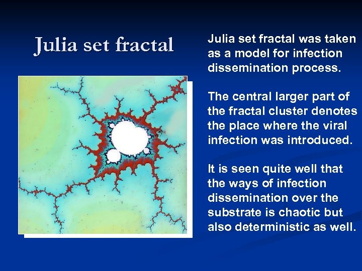 Julia set fractal was taken as a model for infection dissemination process. The central