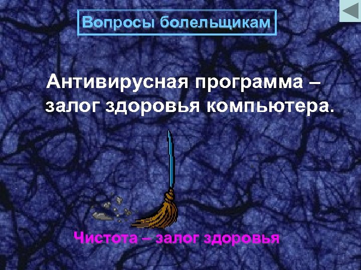 Вопросы болельщикам Антивирусная программа – залог здоровья компьютера. Чистота – залог здоровья 