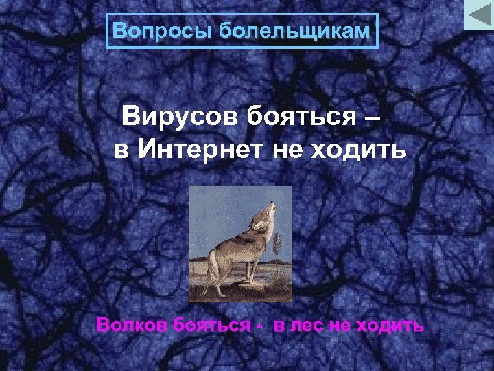 Вопросы болельщикам Вирусов бояться – в Интернет не ходить Волков бояться - в лес