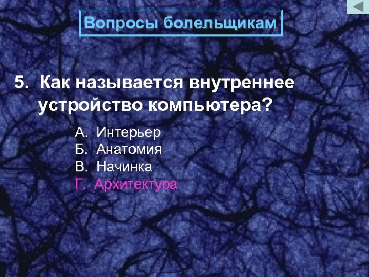 Вопросы болельщикам 5. Как называется внутреннее устройство компьютера? А. Б. В. Г. Интерьер Анатомия