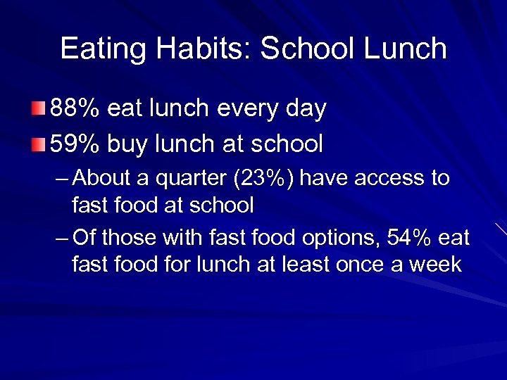 Eating Habits: School Lunch 88% eat lunch every day 59% buy lunch at school