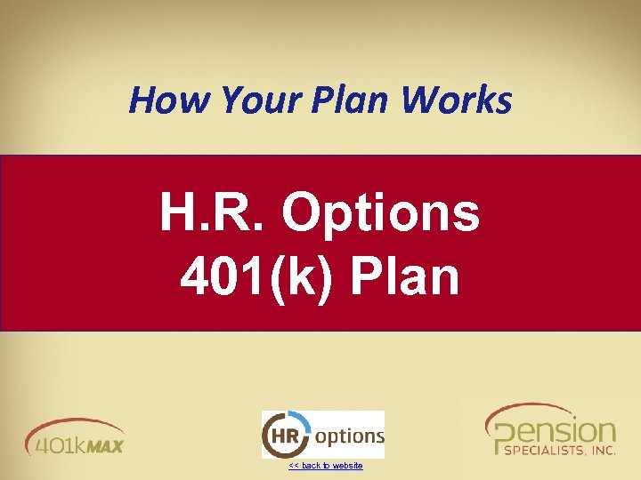 How Your Plan Works H. R. Options 401(k) Plan << back to website 