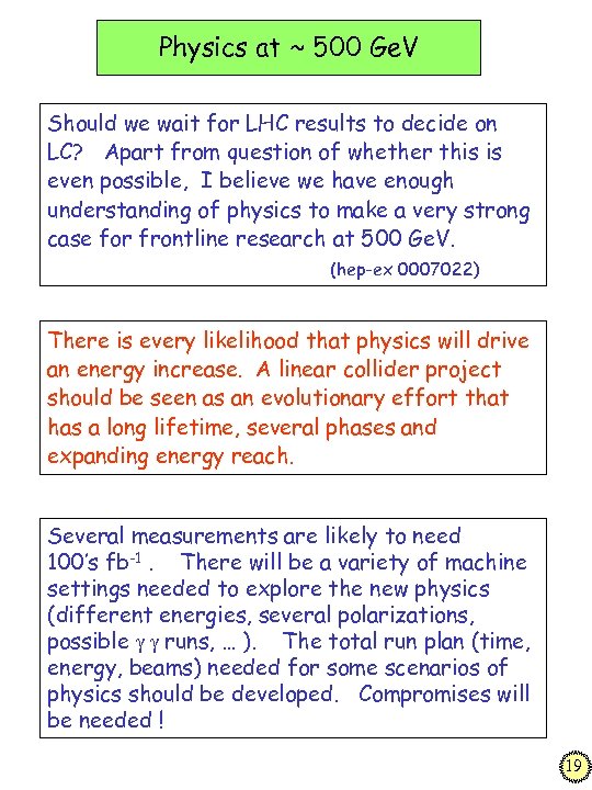 Physics at ~ 500 Ge. V Should we wait for LHC results to decide