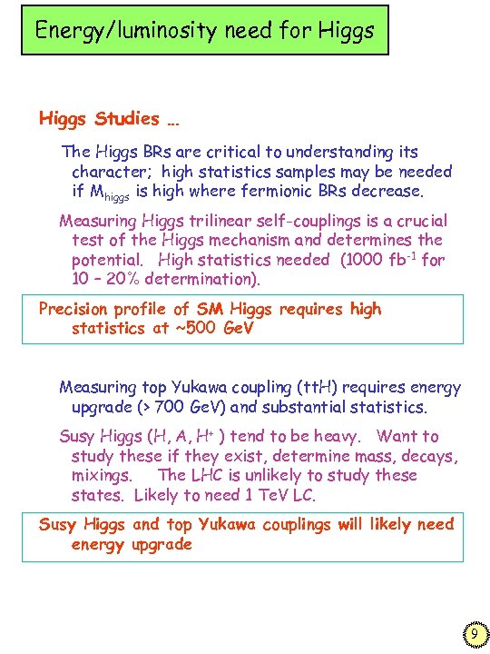 Energy/luminosity need for Higgs Studies … The Higgs BRs are critical to understanding its