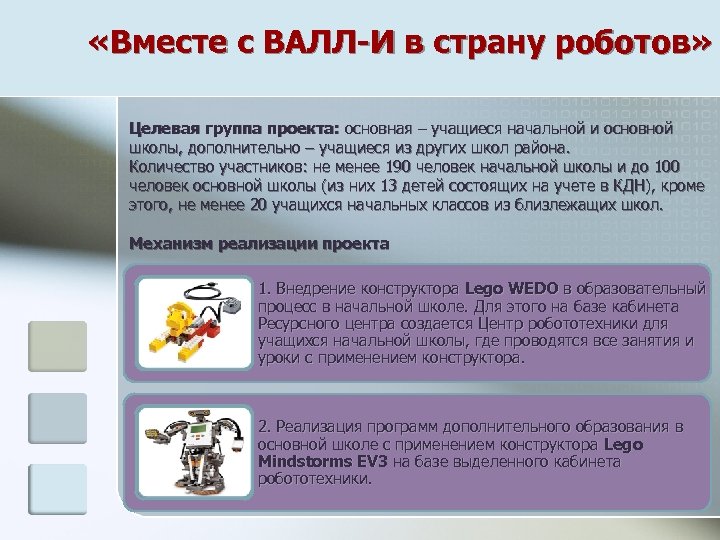  «Вместе с ВАЛЛ-И в страну роботов» Целевая группа проекта: основная – учащиеся начальной