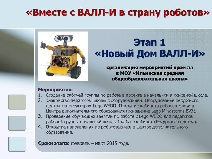  «Вместе с ВАЛЛ-И в страну роботов» Этап 1 «Новый Дом ВАЛЛ-И» организация мероприятий