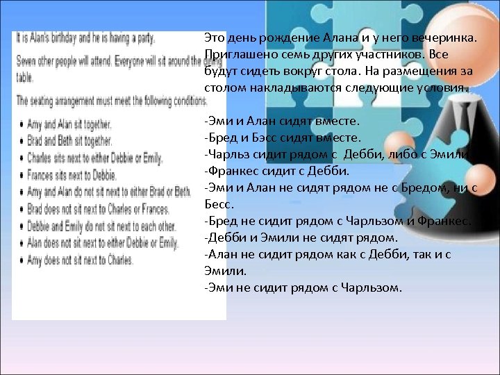 Это день рождение Алана и у него вечеринка. Приглашено семь других участников. Все будут