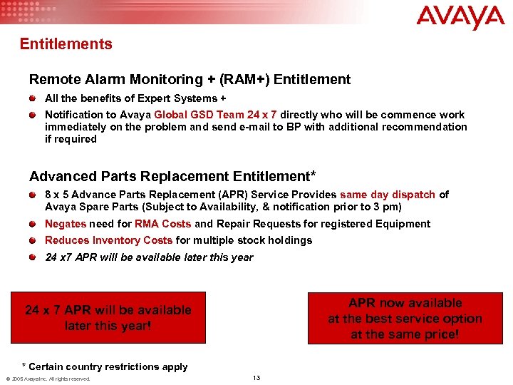 Entitlements Remote Alarm Monitoring + (RAM+) Entitlement All the benefits of Expert Systems +