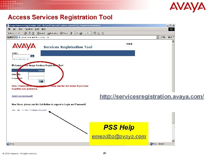 Access Services Registration Tool http: //servicesregistration. avaya. com/ PSS Help emeadba@avaya. com © 2005