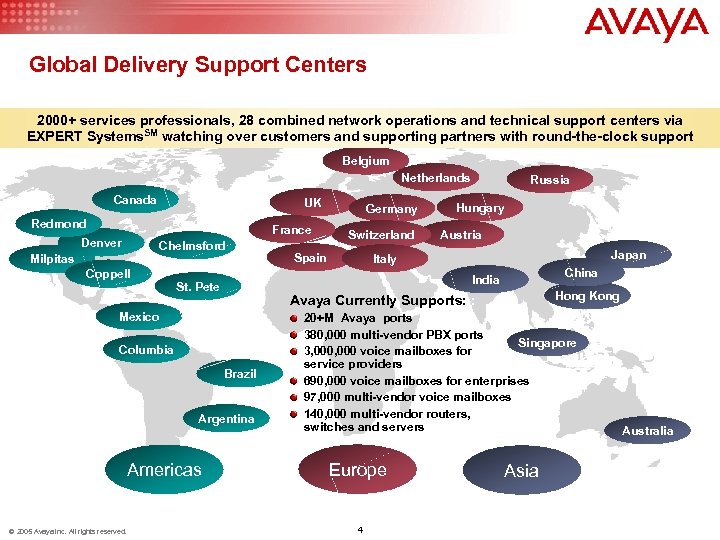 Global Delivery Support Centers 2000+ services professionals, 28 combined network operations and technical support