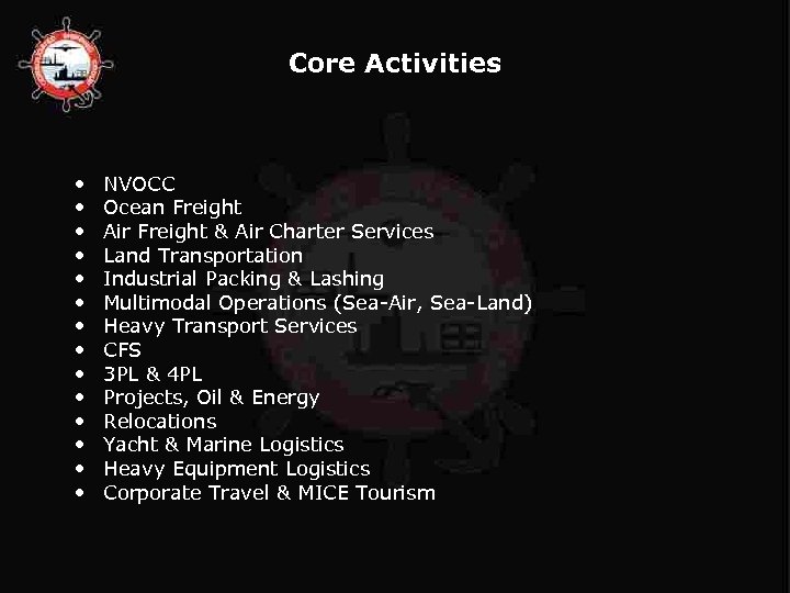 Core Activities • • • • NVOCC Ocean Freight Air Freight & Air Charter