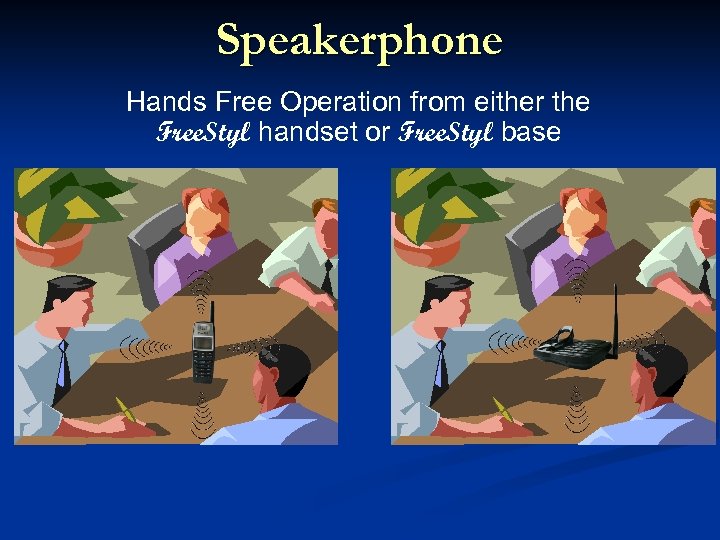 Speakerphone Hands Free Operation from either the Free. Styl handset or Free. Styl base