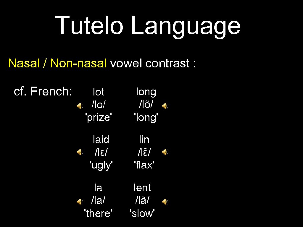 Tutelo Language Nasal / Non-nasal vowel contrast : cf. French: lot /lo/ 'prize' long