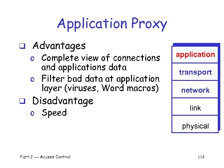 Application Proxy q Advantages o Complete view of connections and applications data o Filter
