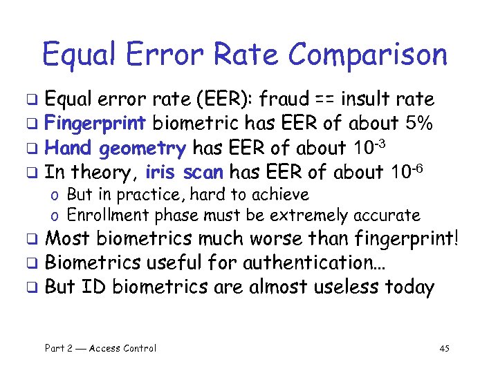Equal Error Rate Comparison Equal error rate (EER): fraud == insult rate q Fingerprint