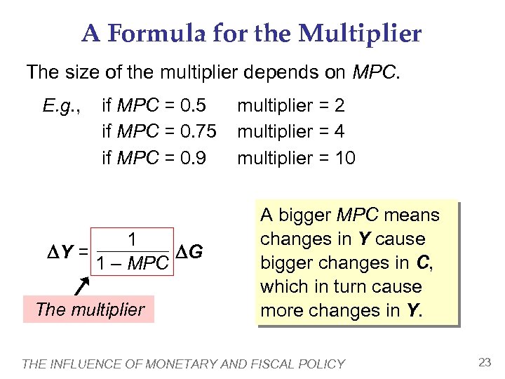 A Formula for the Multiplier The size of the multiplier depends on MPC. E.