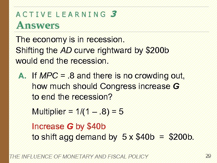 ACTIVE LEARNING Answers 3 The economy is in recession. Shifting the AD curve rightward