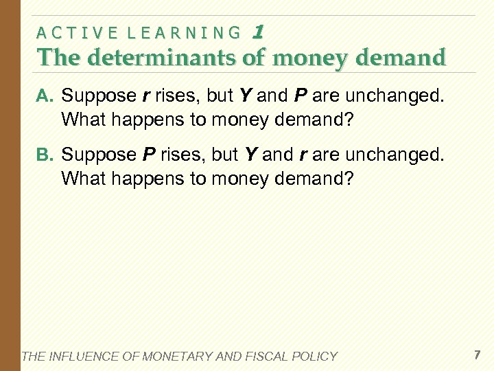 ACTIVE LEARNING 1 The determinants of money demand A. Suppose r rises, but Y