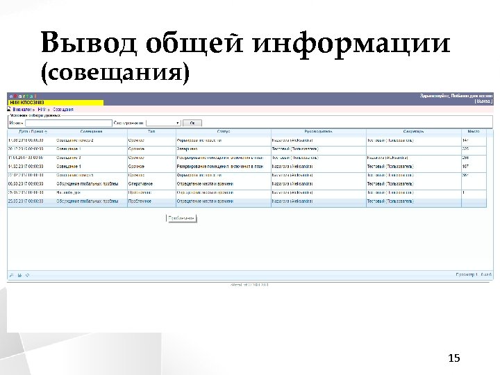 Вывод общей информации (совещания) 15 
