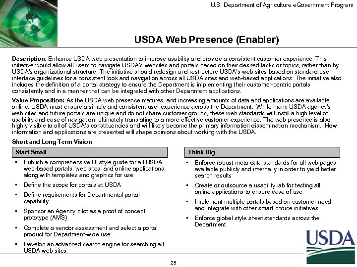 U. S. Department of Agriculture e. Government Program USDA Web Presence (Enabler) Description: Enhance