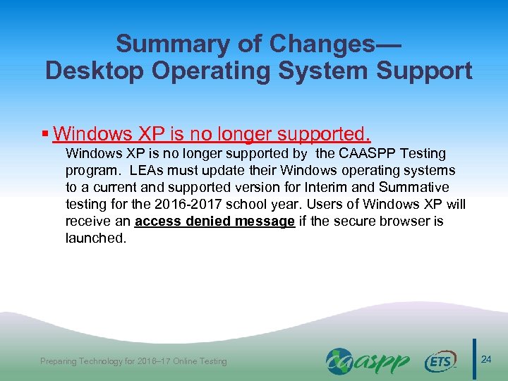 Summary of Changes— Desktop Operating System Support § Windows XP is no longer supported