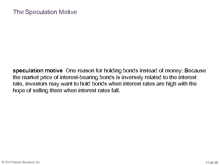 The Speculation Motive speculation motive One reason for holding bonds instead of money: Because