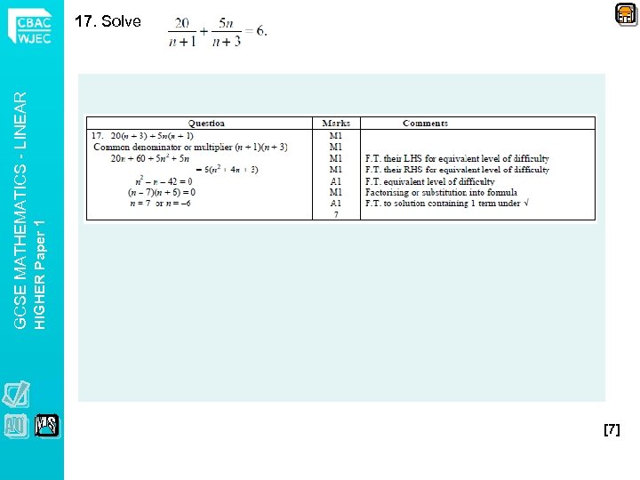 HIGHER Paper 1 GCSE MATHEMATICS - LINEAR 17. Solve [7] 