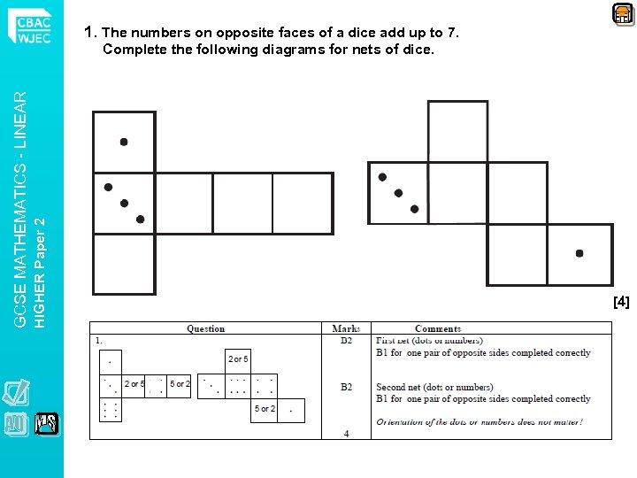 1. The numbers on opposite faces of a dice add up to 7. HIGHER