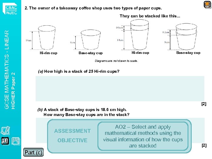 2. The owner of a takeaway coffee shop uses two types of paper cups.