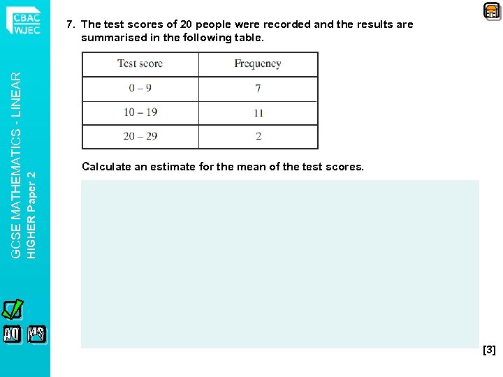 HIGHER Paper 2 GCSE MATHEMATICS - LINEAR 7. The test scores of 20 people